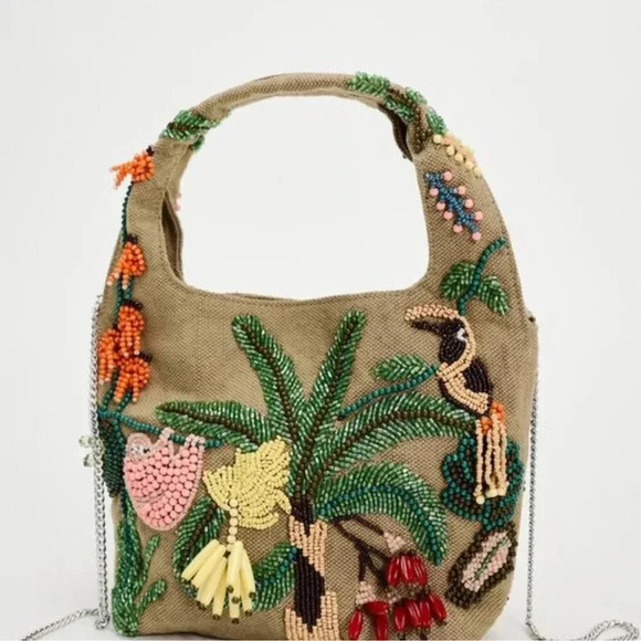 NWT Zara Beaded Mini Bucket Bag Canvas Jungle Tropical Animal 6525/310 - Picture 14 of 15